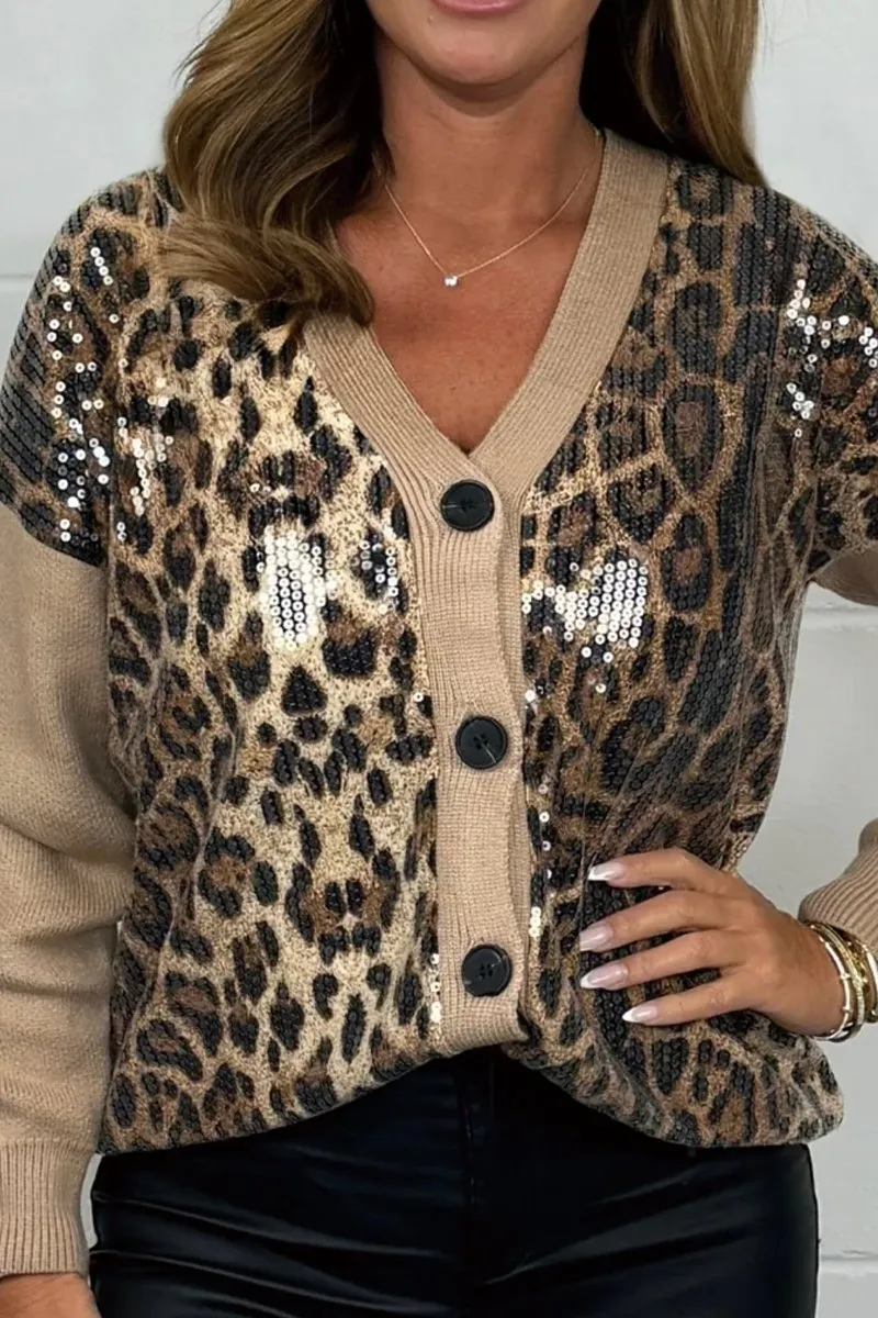 Women's Camel Sequin Leopard Print Button Up Cardigan